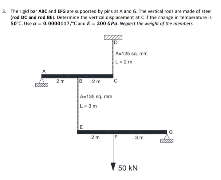 3. The rigid bar ABC and EFG are supported by pins at A and G. The vertical rods are made of steel
(rod DC and rod BE). Determine the vertical displacement at C if the change in temperature is
50°C. Use a = 0.0000117/°C and E = 200 GPa. Neglect the weight of the members.
A=125 sq. mm
L= 2 m
A
2 m
B
2 m
A=135 sq. mm
L = 3 m
E
G
2 m
F
3 m
50 kN
