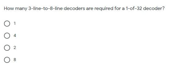 How many 3-line-to-8-line decoders are required for a 1-of-32 decoder?

