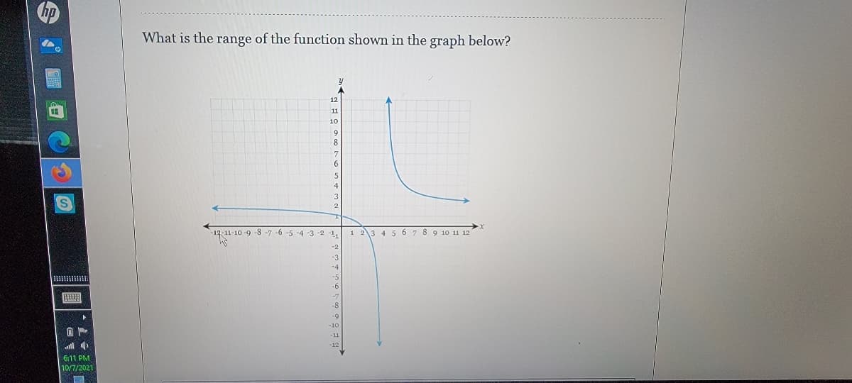 What is the range of the function shown in the graph below?
12
11
10
8
6.
5
-13-11-10 -9 -8 -7 -6 -5 -4 -3 -2 -1,
1 23 4 5 6 7 8 9 10 11 12
-2
-3
-4
-5
-6
-8
-0
-10
-11
ll 4
6:11 PM
10/7/2021
S ■ の
