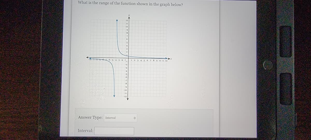 What is the range of the function shown in the graph below?
-15-11-10-98 -6 -5 -4 -3 -2 -1
123 4 56 7 8 9 10 11 12
-5
-12
Answer Type: Interval
Interval:
