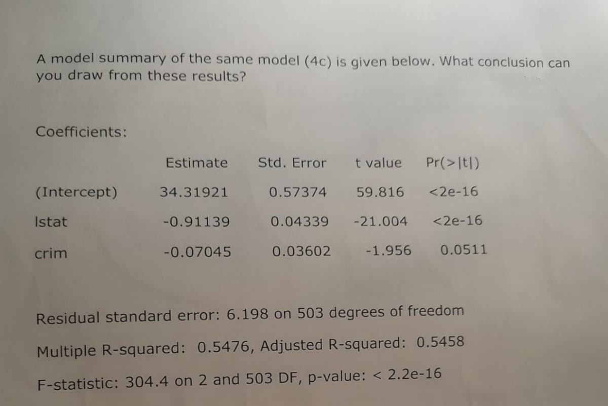 A model summary of the same model (4c) is given below. What conclusion can
you draw from these results?
Coefficients:
(Intercept)
Istat
crim
Estimate
34.31921
-0.91139
-0.07045
Std. Error
t value
Pr(>ltl)
<2e-16
<2e-16
-1.956 0.0511
0.03602
0.57374
0.04339 -21.004
59.816
Residual standard error: 6.198 on 503 degrees of freedom
Multiple R-squared: 0.5476, Adjusted R-squared: 0.5458
F-statistic: 304.4 on 2 and 503 DF, p-value: < 2.2e-16