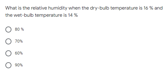 What is the relative humidity when the dry-bulb temperature is 16 % and
the wet-bulb temperature is 14 %
80%
70%
60%
90%