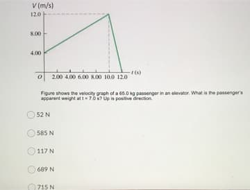V (m/s)
12.0
8.00
4.00
(s)
2.00 4.00 6.00 8.00 10.0 12.0
Figure shows the velocity graph of a 65.0 kg passenger in an elevator. What is the passenger's
apparent weight at t= 70s7 Up is positive direction
52 N
585 N
117 N
689 N
O715 N
