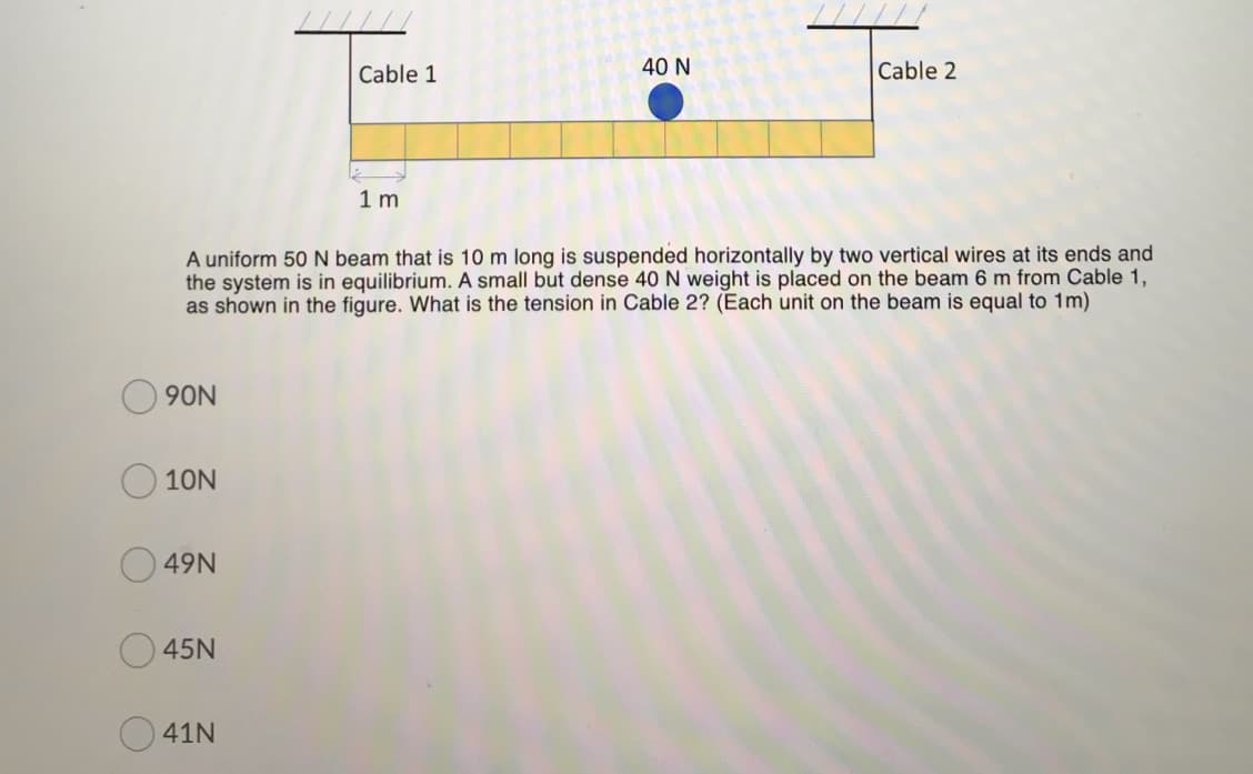 /////
Cable 1
40 N
Cable 2
1 m
A uniform 50 N beam that is 10 m long is suspended horizontally by two vertical wires at its ends and
the system is in equilibrium. A small but dense 40 N weight is placed on the beam 6 m from Cable 1,
as shown in the figure. What is the tension in Cable 2? (Each unit on the beam is equal to 1m)
O 90N
10N
49N
45N
O 41N
