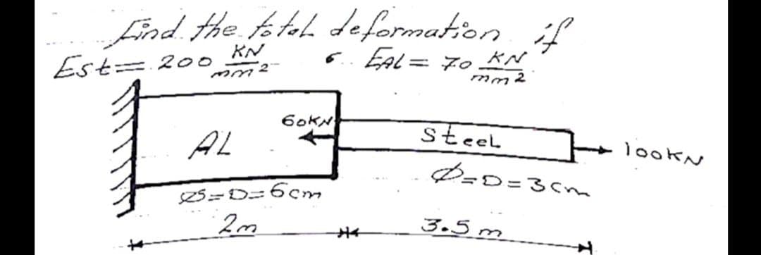 find the tol deformation if
6.. EAL = 70 KN
KN
Est= 20o
mm 2
60KN
steel
AL
lookN
S25==D=6cm
3.5m
