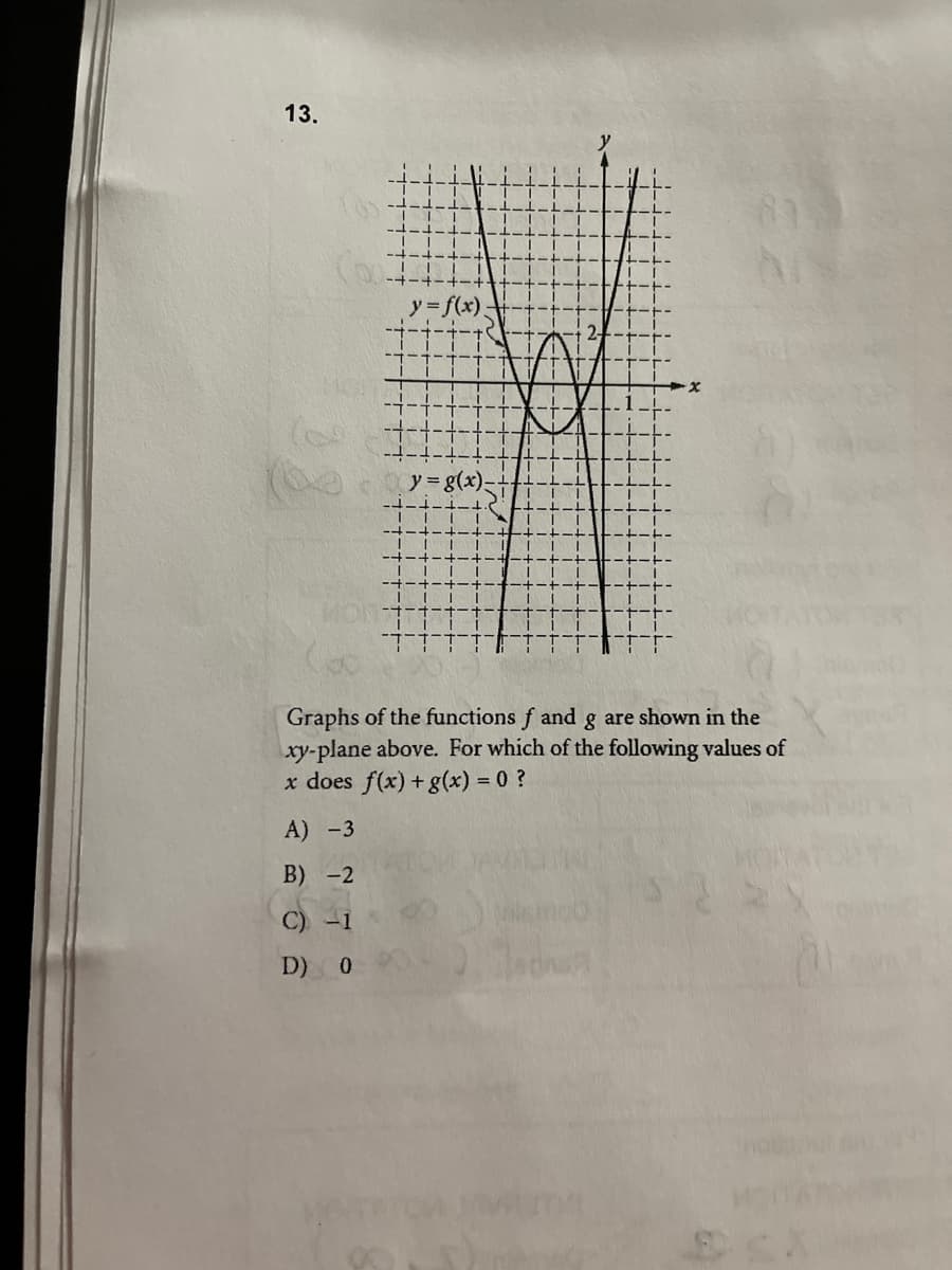 13.
y= f(x).
y= g(x)-
Graphs of the functions f and g are shown in the
xy-plane above. For which of the following values of
x does f(x) +g(x) = 0 ?
A) -3
B) -2
C) -1
D) 0
