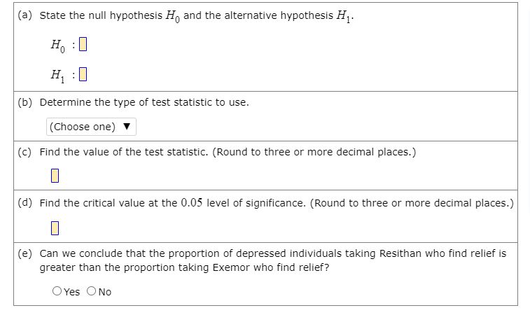 |(a) State the null hypothesis H, and the alternative hypothesis H,.
H, :0
H, :0
(b) Determine the type of test statistic to use.
(Choose one)
(c) Find the value of the test statistic. (Round to three or more decimal places.)
(d) Find the critical value at the 0.05 level of significance. (Round to three or more decimal places.)
(e) Can we conclude that the proportion of depressed individuals taking Resithan who find relief is
greater than the proportion taking Exemor who find relief?
OYes O No
