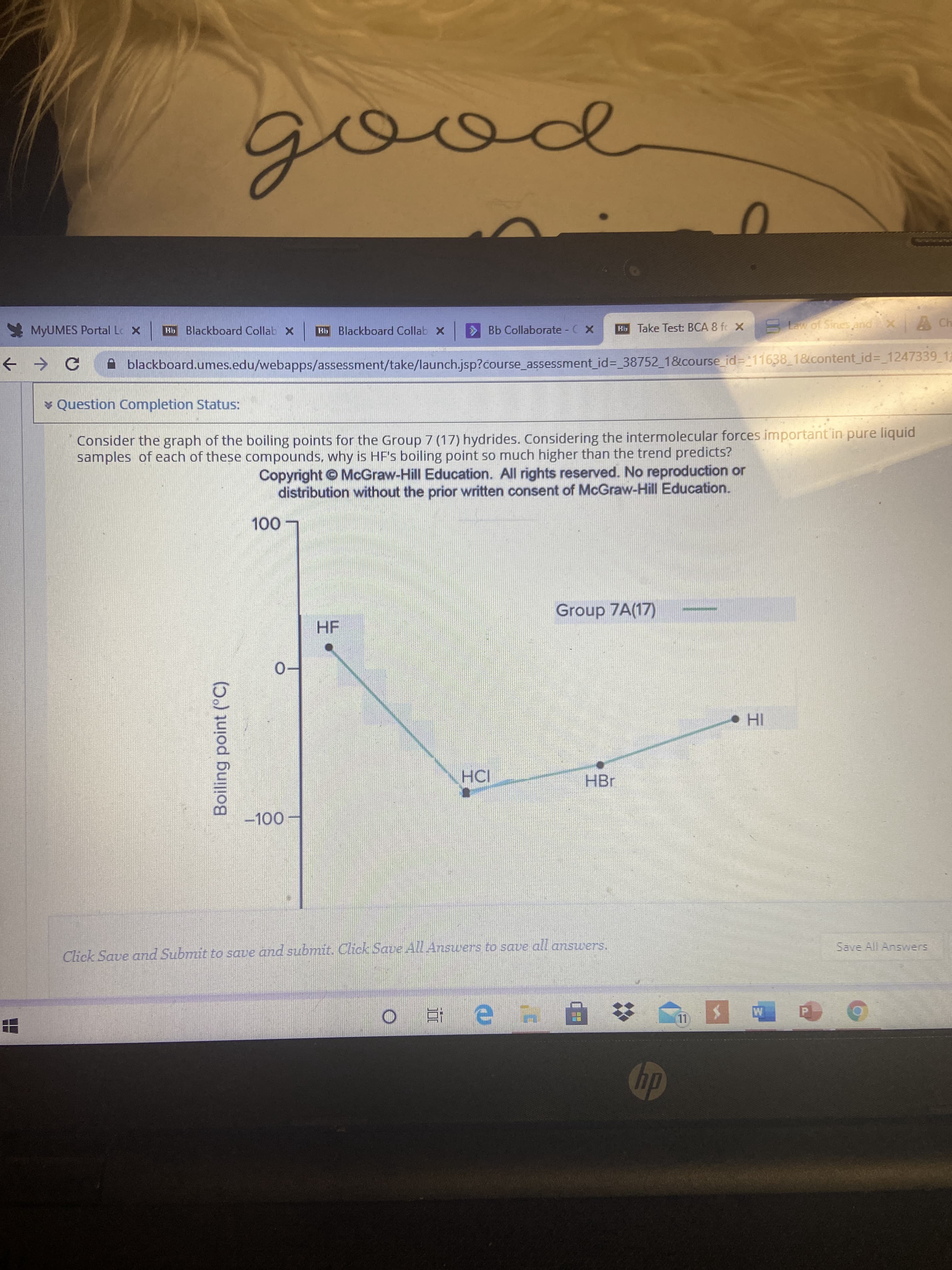 Consider the graph of the boiling points for the Group 7 (17) hydrides. Considering the intermolecular forces important'in pure liquid
samples of each of these compounds, why is HF's boiling point so much higher than the trend predicts?
