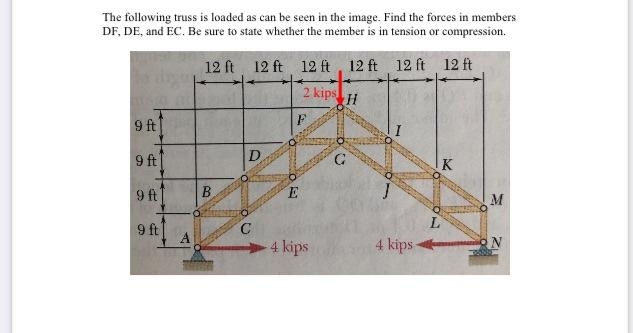 The following truss is loaded as can be seen in the image. Find the forces in members
DF, DE, and EC. Be sure to state whether the member is in tension or compression.
12 ft 12 ft 12 ft 12 ft 12 ft 12 ft
H
dige
2 kips
D
K
9 ft
9 ft
9 ft
9 ft
B
310
C
E
- 4 kips
G
ARENDE
01
4 kips
L
M