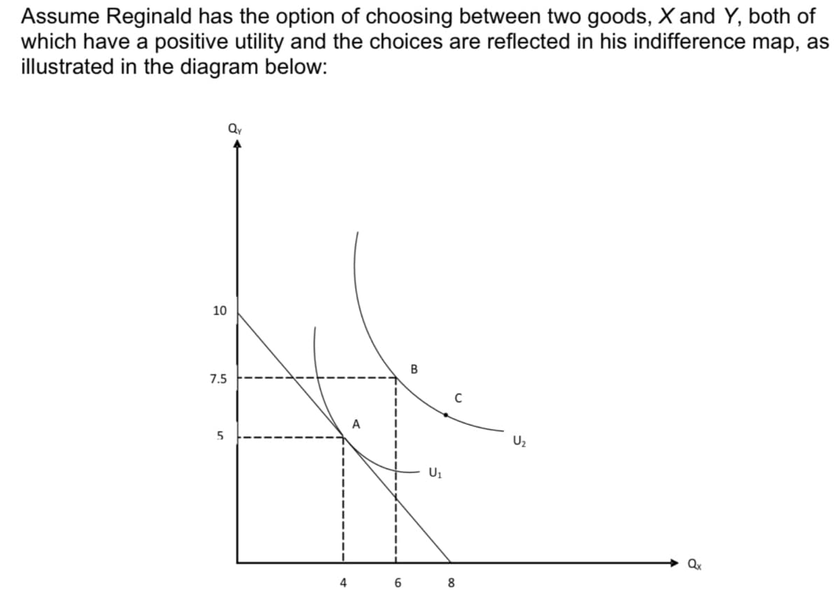 Assume Reginald has the option of choosing between two goods, X and Y, both of
which have a positive utility and the choices are reflected in his indifference map, as
illustrated in the diagram below:
Qy
10
В
7.5
A
U2
U1
Qx
4
6.
8
