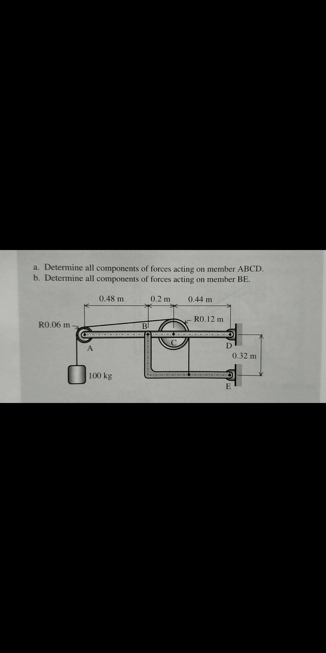 a. Determine all components of forces acting on member ABCD.
b. Determine all components of forces acting on member BE.
0.48 m
0.2 m
0.44 m
RO.12 m
R0.06 m
B
0.32 m
100 kg
E
