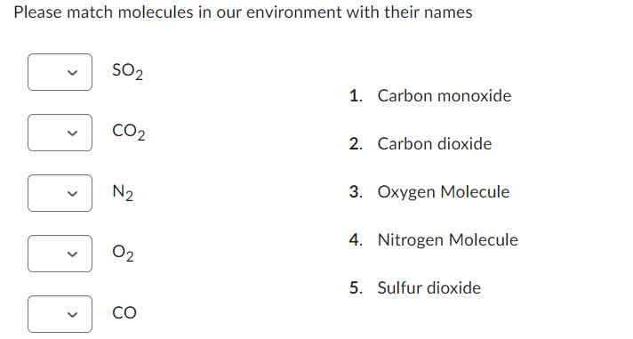 Please match molecules in our environment with their names
DO
SO₂
CO2
N₂
02
CO
1. Carbon monoxide
2. Carbon dioxide
3. Oxygen Molecule
4. Nitrogen Molecule
5. Sulfur dioxide