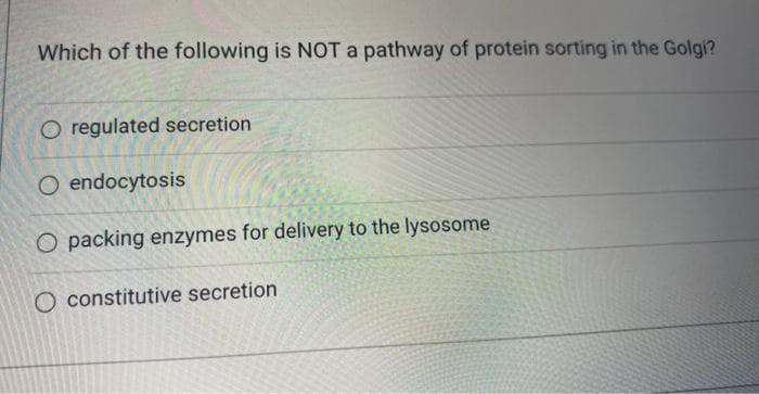 Which of the following is NOT a pathway of protein sorting in the Golgi?
O regulated secretion
O endocytosis
O packing enzymes for delivery to the lysosome
O constitutive secretion