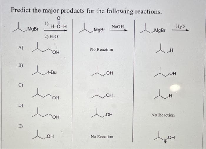 Predict the major products for the following reactions.
O
1) H-C-H
2) H₂O*
A)
B)
D)
E)
MgBr
t-Bu
x
OH
Лон
OH
OH
e
MgBr
NaOH
No Reaction
OH
مادر
LOH
OH
No Reaction
L
MgBr
LOH
LH
No Reaction
LOH
H₂O