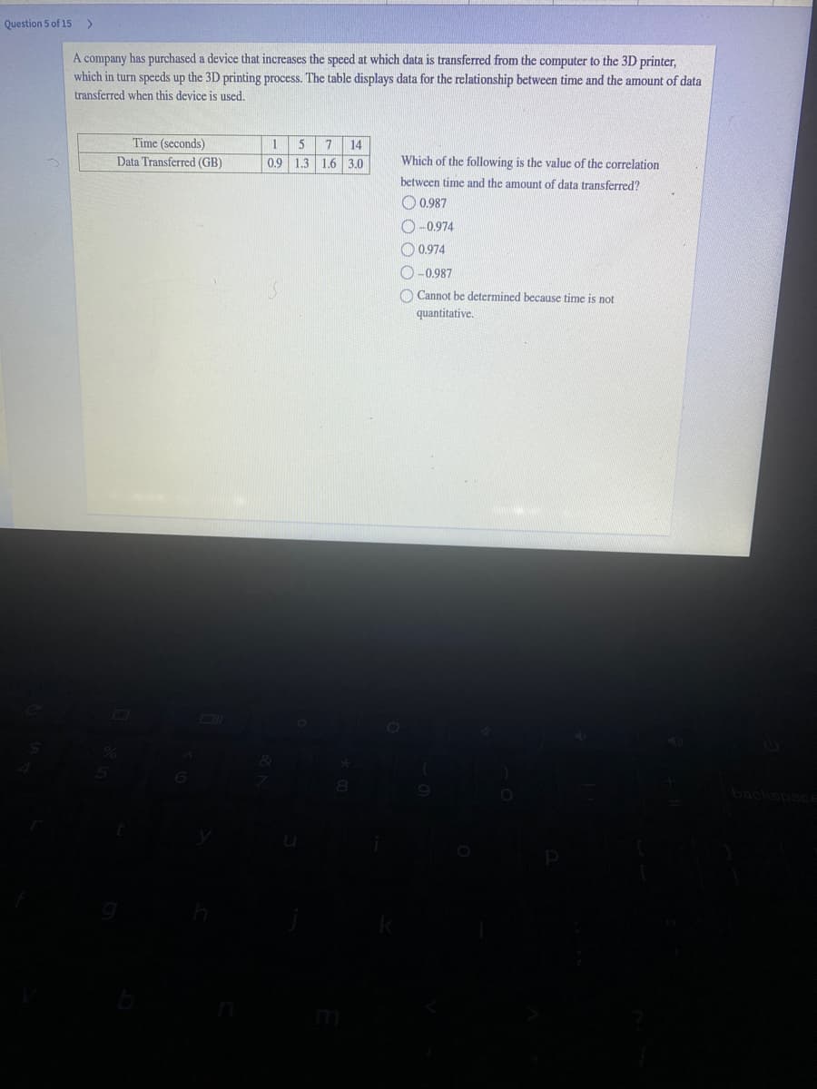Question 5 of 15 >
A company has purchased a device that increases the speed at which data is transferred from the computer to the 3D printer,
which in turn speeds up the 3D printing process. The table displays data for the relationship between time and the amount of data
transferred when this device is used.
Time (seconds)
1
5
14
Data Transferred (GB)
0,9 1.3 1.6 3.0
Which of the following is the value of the correlation
between time and the amount of data transferred?
O 0.987
O-0.974
O 0.974
O-0.987
O Cannot be determined because time is not
quantitative.
