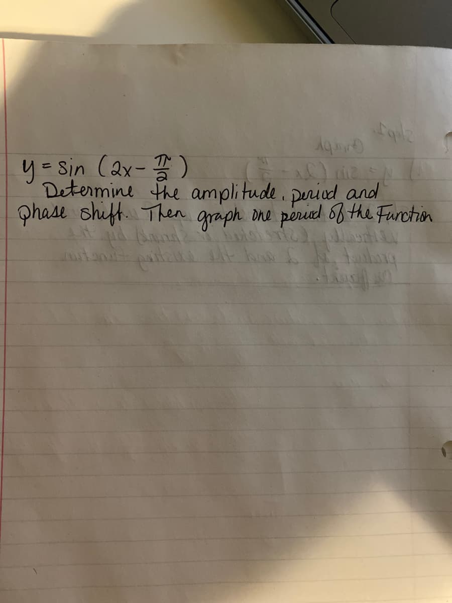 y=Sin (ax-)
Determine the amplitude.period and
phase shift. Then
graph one peried 6f the Furction
