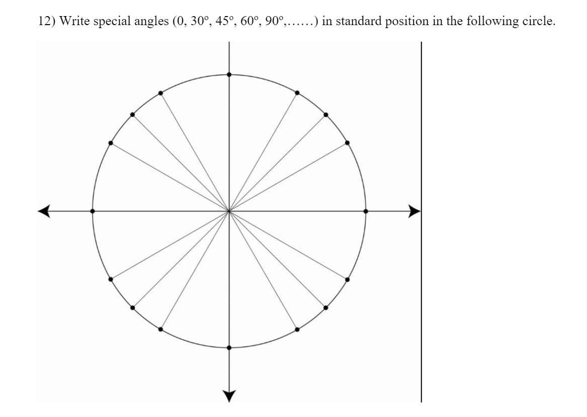 12) Write special angles (0, 30°, 45°, 60°, 90°,......) in standard position in the following circle.
