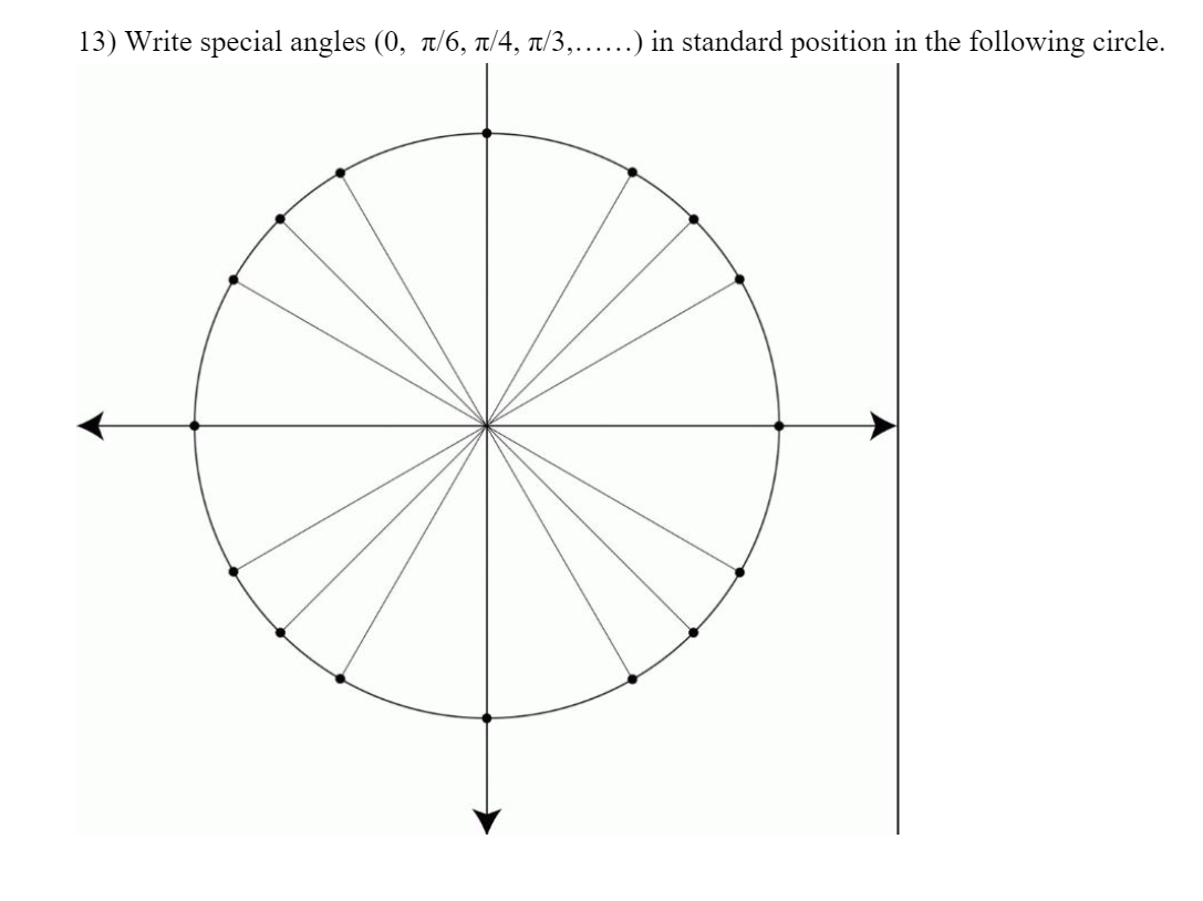 13) Write special angles (0, 1/6, T/4, t/3,.....) in standard position in the following circle.
