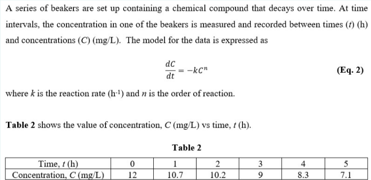 A series of beakers are set up containing a chemical compound that decays over time. At time
intervals, the concentration in one of the beakers is measured and recorded between times (t) (h)
and concentrations (C) (mg/L). The model for the data is expressed as
dC
dt
where k is the reaction rate (h-¹) and n is the order of reaction.
Table 2 shows the value of concentration, C (mg/L) vs time, t (h).
Time, t (h)
Concentration, C (mg/L)
-kCn
0
12
Table 2
1
10.7
2
10.2
39
9
4
8.3
(Eq. 2)
5
7.1