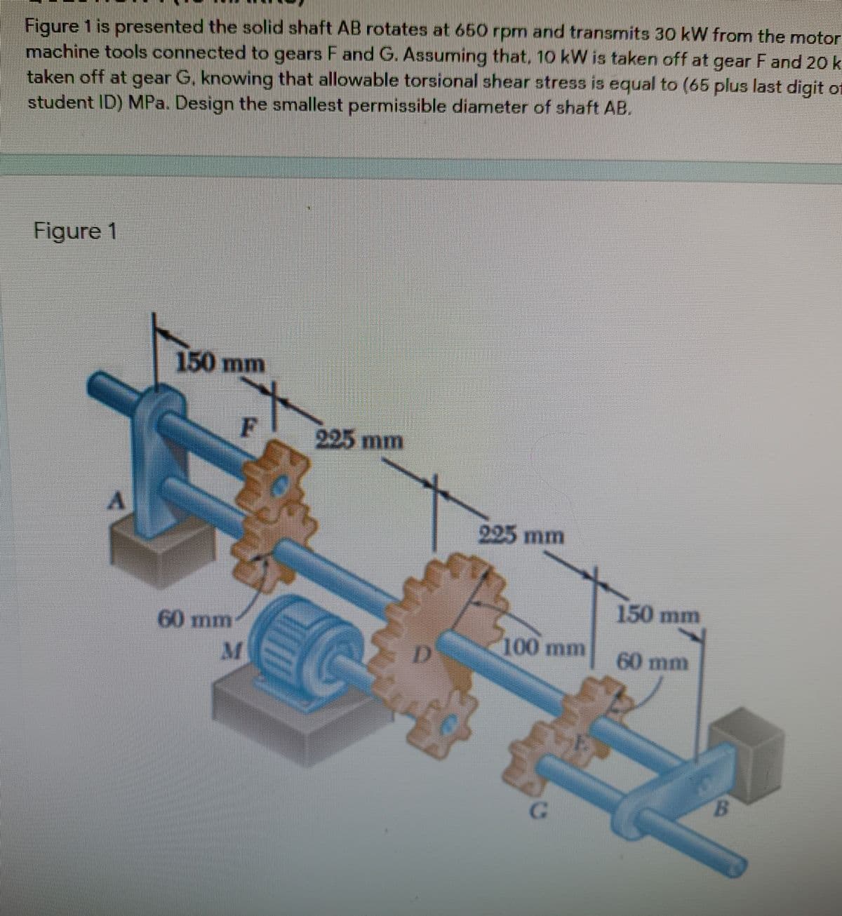 Figure 1 is presented the solid shaft AB rotates at 650 rpm and transmits 30 kW from the motor
machine tools connected to gears F and G. Assuming that, 10 kW is taken off at gear F and 20 k
taken off at gear G, knowing that allowable torsional shear stress is equal to (65 plus last digit of
student ID) MPa. Design the smallest permissible diameter of shaft AB.
Figure 1
150 mm
225 mm
905 mm
150 mm
60 mm
100 mm
D.
60 mm
B.
