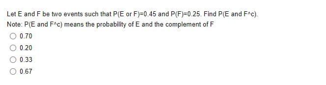Let E and F be two events such that P(E or F)=0.45 and P(F)=0.25. Find P(E and F^c).
Note: P(E and F^c) means the probability of E and the complement of F
O 0.70
0.20
0.33
0.67
