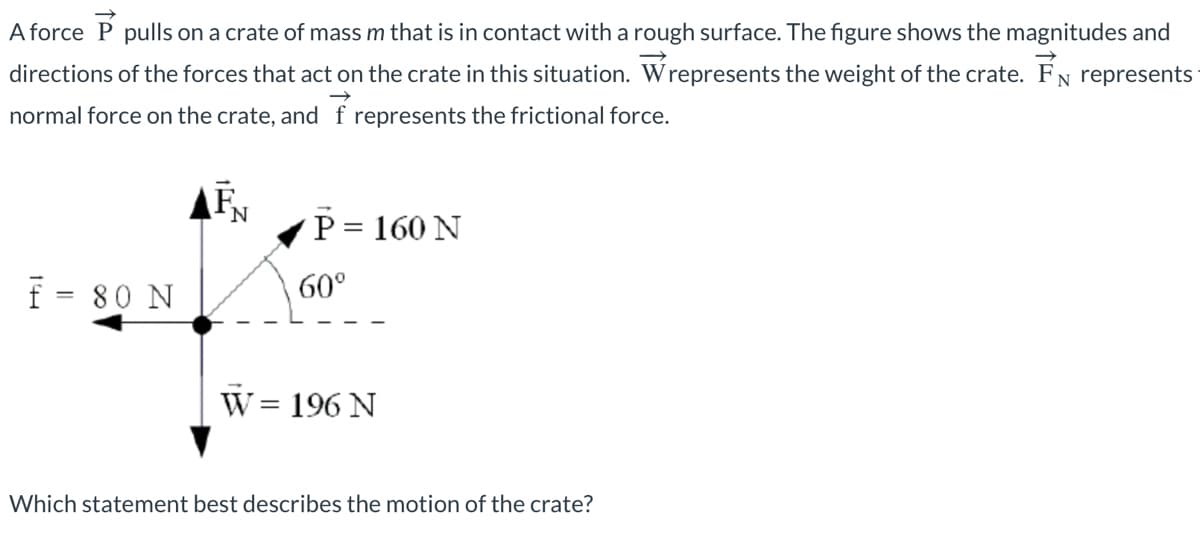 A force P pulls on a crate of mass m that is in contact with a rough surface. The figure shows the magnitudes and
directions of the forces that act on the crate in this situation. Wrepresents the weight of the crate. FN represents
normal force on the crate, and f represents the frictional force.
f = 80 N
N
P = 160 N
60°
W = 196 N
Which statement best describes the motion of the crate?