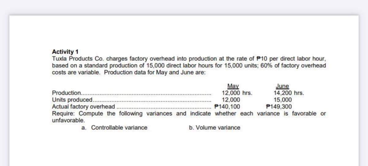 Activity 1
Tuxla Products Co. charges factory overhead into production at the rate of P10 per direct labor hour,
based on a standard production of 15,000 direct labor hours for 15,000 units; 60% of factory overhead
costs are variable. Production data for May and June are:
May
12,000 hrs.
12,000
P140,100
June
14,200 hrs.
15,000
P149,300
Production...
Units produced.
Actual factory overhead
Require: Compute the following variances and indicate whether each variance is favorable or
unfavorable.
a. Controllable variance
b. Volume variance
