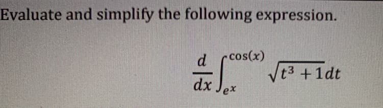 Evaluate and simplify the following expression.
d
cos(x)
Vt3 +1dt
dx
ex
