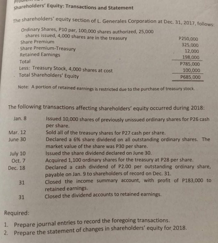 Shareholders' Equity: Transactions and Statement
The shareholders' equity section of L. Generales Corporation at Dec. 31, 2017, follows:
Ordinary Shares, P10 par, 100,000 shares authorized, 25,000
shares issued, 4,000 shares are in the treasury
Share Premium
Share Premium-Treasury
Retained Earnings
P250,000
325,000
12,000
198,000
P785,000
Total
Less: Treasury Stock, 4,000 shares at cost
Total Shareholders' Equity
100,000
P685,000
Note: A portion of retained earnings is restricted due to the purchase of treasury stock.
The following transactions affecting shareholders' equity occurred during 2018:
Jan. 8
Issued 10,000 shares of previously unissued ordinary shares for P26 cash
per share.
Sold all of the treasury shares for P27 cash per share.
Declared a 6% share dividend on all outstanding ordinary shares. The
market value of the share was P30 per share.
Mar. 12
June 30
July 10
Oct. 7
Issued the share dividend declared on June 30.
Acquired 1,100 ordinary shares for the treasury at P28 per share.
Declared a cash dividend of P2.00 per outstanding ordinary share,
payable on Jan. 9 to shareholders of record on Dec. 31.
Closed the income summary account, with profit of P183,000 to
Dec. 18
31
retained earnings.
Closed the dividend accounts to retained earnings.
31
Required:
1. Prepare journal entries to record the foregoing transactions.
2. Prepare the statement of changes in shareholders' equity for 2018.
