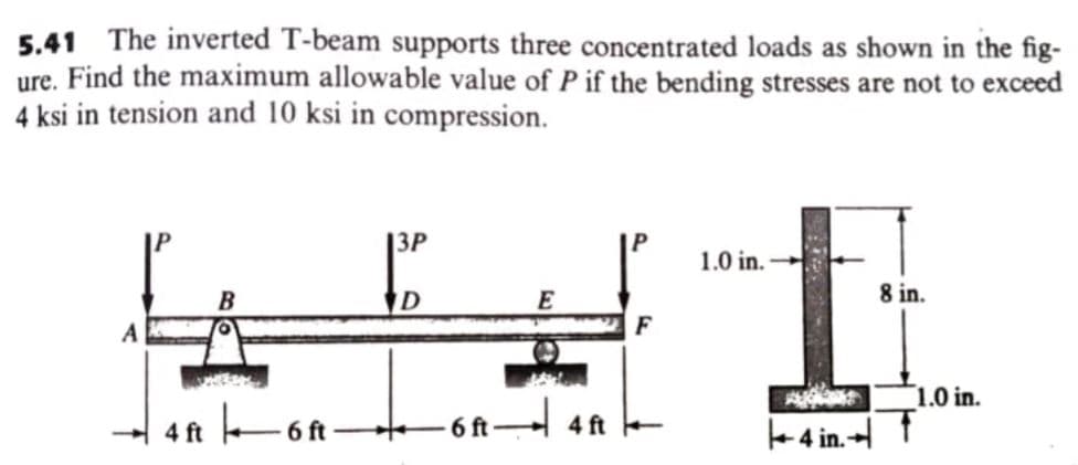5.41 The inverted T-beam supports three concentrated loads as shown in the fig-
ure. Find the maximum allowable value of P if the bending stresses are not to exceed
4 ksi in tension and 10 ksi in compression.
3P
1.0 in.
E
8 in.
1.0 in.
6 ft
- 6 ft 4 ft
e 4 in.-
4 ft

