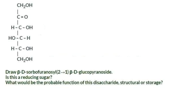 CH2OH
C=0
H-C-OH
но -С -Н
H-C-OH
CH2OH
Draw B-D-sorbofuranosyl(2-1) B-D-glucopyranoside.
Is this a reducing sugar?
What would be the probable function of this disaccharide, structural or storage?
