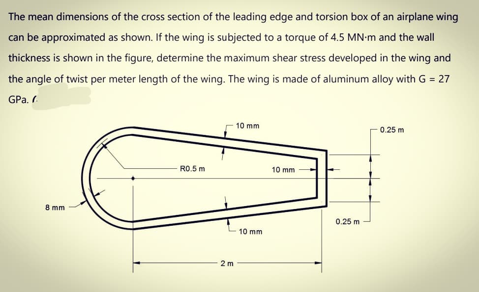 The mean dimensions of the cross section of the leading edge and torsion box of an airplane wing
can be approximated as shown. If the wing is subjected to a torque of 4.5 MN-m and the wall
thickness is shown in the figure, determine the maximum shear stress developed in the wing and
the angle of twist per meter length of the wing. The wing is made of aluminum alloy with G = 27
GPa. (
E 10 mm
0.25 m
R0.5 m
10 mm
8 mm
0.25 m
10 mm
2 m
