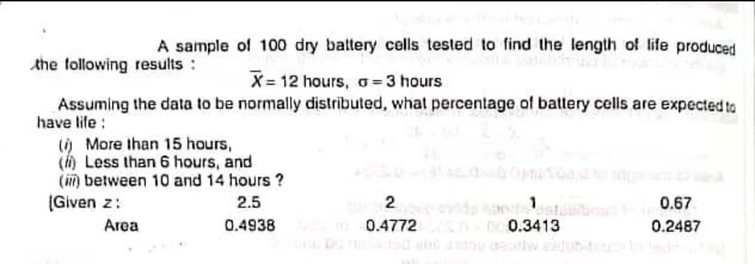 A sample of 100 dry baltery cells tested to find the length of life produced
the tollowing results :
X= 12 hours, o = 3 hours
Assuming the data to be normally distributed, what percentage of battlery cells are expected to
have life :
(i) More than 15 hours,
() Less than 6 hours, and
(ii) between 10 and 14 hours ?
(Given z:
2.5
0.67
Area
0.4938
0.4772
D0.3413
0.2487

