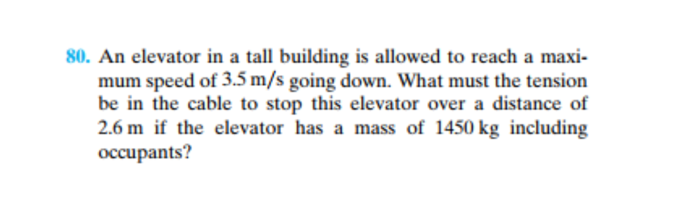 . An elevator in a tall building is allowed to reach a maxi-
mum speed of 3.5 m/s going down. What must the tension
be in the cable to stop this elevator over a distance of
2.6 m if the elevator has a mass of 1450 kg including
occupants?
