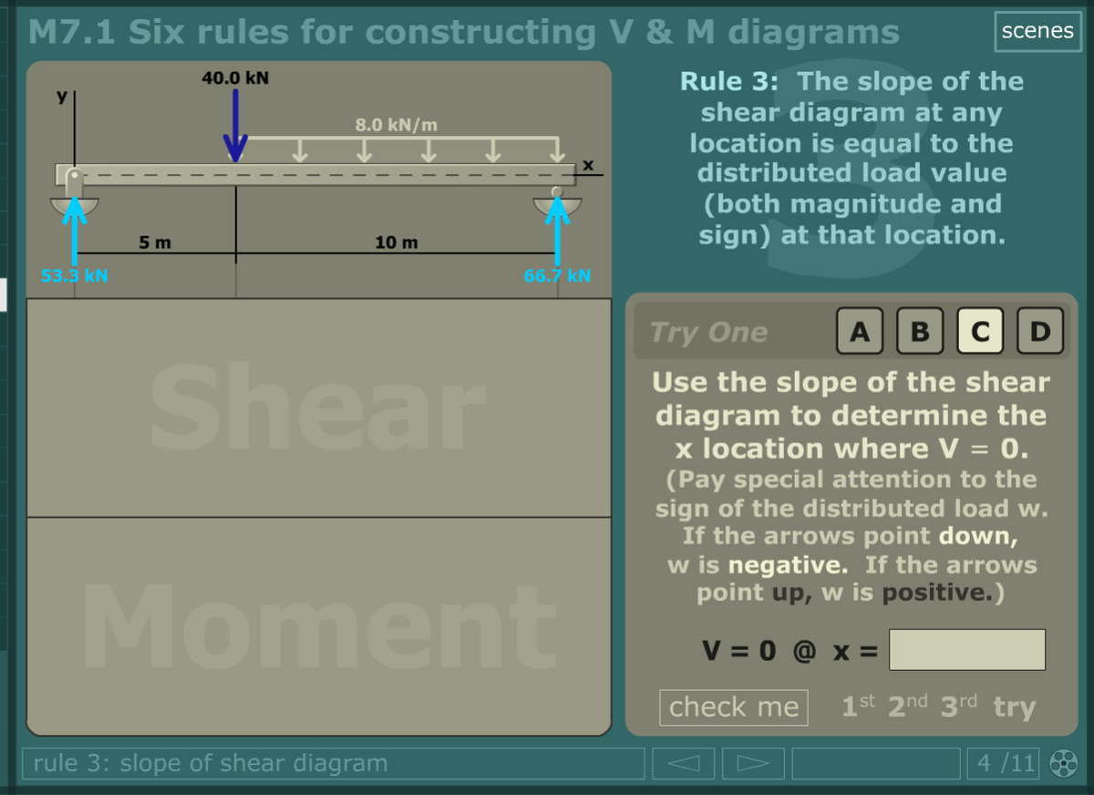 M7.1 Six rules for constructing V & M diagrams
scenes
Rule 3: The slope of the
shear diagram at any
location is equal to the
distributed load value
40.0 kN
8.0 kN/m
(both magnitude and
sign) at that location.
5 m
10 m
53.3 kN
66.7 kN
Try One
A
B CD
Shear
Use the slope of the shear
diagram to determine the
x location where V = 0.
(Pay special attention to the
sign of the distributed load w.
If the arrows point down,
w is negative. If the arrows
point up, w is positive.)
Moment
V = 0 @ x =
check me
1st 2nd 3rd try
rule 3: slope of shear diagram
4 /11
