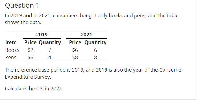 Question 1
In 2019 and in 2021, consumers bought only books and pens, and the table
shows the data.
2019
2021
Item Price Quantity Price Quantity
Books $2
7
6
Pens $6
4
8
$6
$8
The reference base period is 2019, and 2019 is also the year of the Consumer
Expenditure Survey.
Calculate the CPI in 2021.