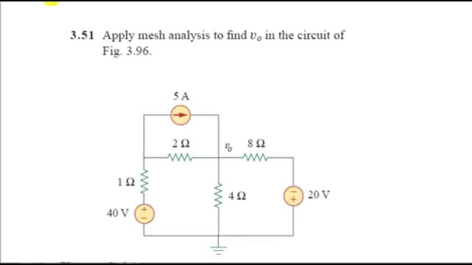 3.51 Apply mesh analysis to find v, in the circuit of
Fig. 3.96.
5 A
2Ω
8Ω
ww
12
4Ω
20 V
40 V
