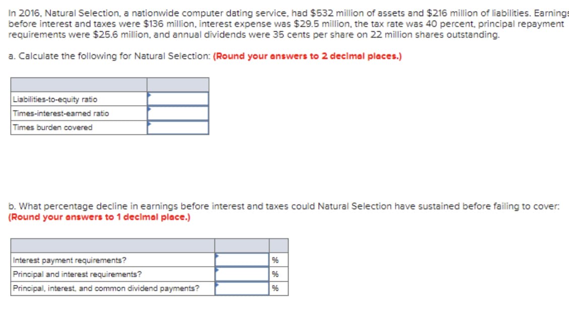 In 2016, Natural Selection, a nationwide computer dating service, had $532 million of assets and $216 million of liabilities. Earnings
before interest and taxes were $136 million, interest expense was $29.5 million, the tax rate was 40 percent, principal repayment
requirements were $25.6 million, and annual dividends were 35 cents per share on 22 million shares outstanding.
a. Calculate the following for Natural Selection: (Round your answers to 2 decimal places.)
Liabilities-to-equity ratio
Times-interest-earned ratio
Times burden covered
b. What percentage decline in earnings before interest and taxes could Natural Selection have sustained before failing to cover:
(Round your answers to 1 decimal place.)
Interest payment requirements?
%
Principal and interest requirements?
96
Principal, interest, and common dividend payments?
%6