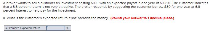 A broker wants to sell a customer an investment costing $100 with an expected payoff in one year of $108.6. The customer indicates
that a 8.6 percent return is not very attractive. The broker responds by suggesting the customer borrow $80 for one year at 6.6
percent interest to help pay for the investment.
a. What is the customer's expected return if she borrows the money? (Round your answer to 1 decimal place.)
Customer's expected return
%
