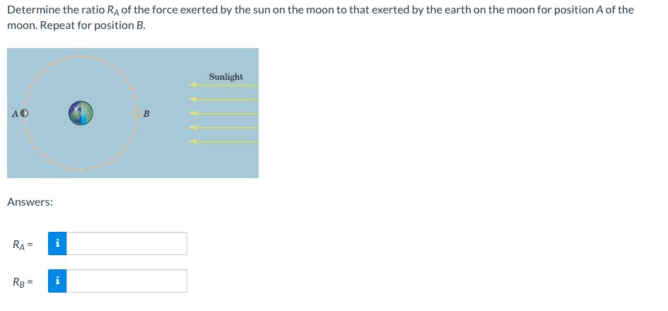 Determine the ratio RA of the force exerted by the sun on the moon to that exerted by the earth on the moon for position A of the
moon. Repeat for position B.
Sunlight
AO
B
Answers:
RA=
RB =
i
YYYYY