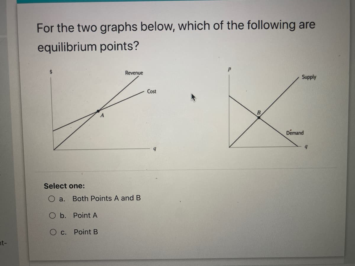 For the two graphs below, which of the following are
equilibrium points?
24
Revenue
Supply
Cost
B.
Demand
Select one:
O a.
Both Points A and B
b. Point A
О с. Point B
nt-
