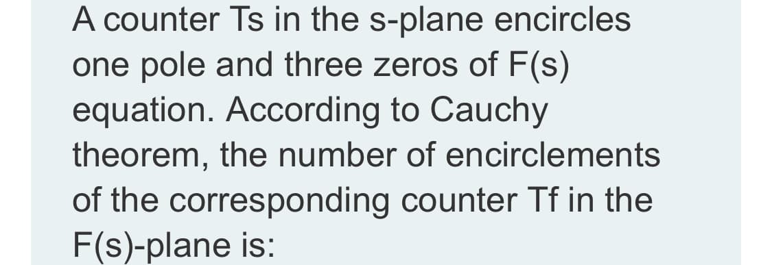 A counter Ts in the s-plane encircles
one pole and three zeros of F(s)
equation. According to Cauchy
theorem, the number of encirclements
of the corresponding counter Tf in the
F(s)-plane is:
