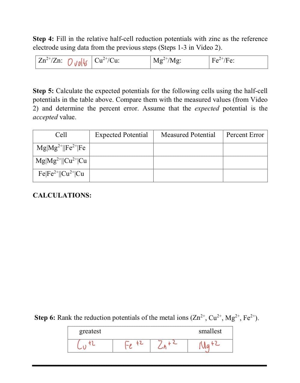 Step 4: Fill in the relative half-cell reduction potentials with zinc as the reference
electrode using data from the previous steps (Steps 1-3 in Video 2).
Zn²+/Zn: 0volts Cu²+/Cu:
Mg2+/Mg:
Fe²+/Fe:
Step 5: Calculate the expected potentials for the following cells using the half-cell
potentials in the table above. Compare them with the measured values (from Video
2) and determine the percent error. Assume that the expected potential is the
accepted value.
Cell
Mg Mg2+||Fe²+ Fe
Mg Mg2+|| Cu²+|Cu
Fe|Fe²+||Cu²+|Cu
CALCULATIONS:
Expected Potential Measured Potential Percent Error
Step 6: Rank the reduction potentials of the metal ions (Zn²+, Cu²+, Mg²+, Fe²+).
smallest
greatest
Cutz
Fe +2
ढककर
Mg +2