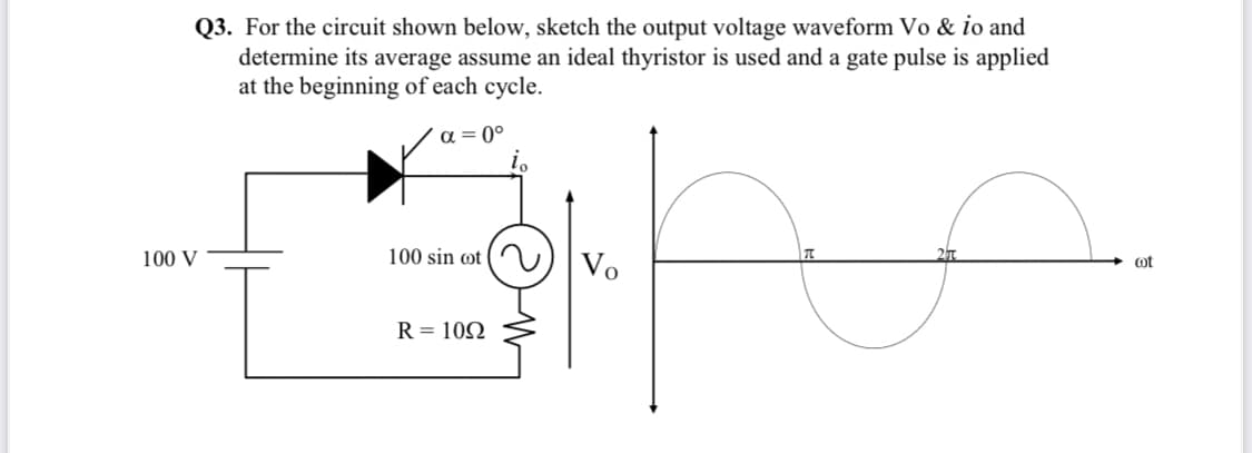 Q3. For the circuit shown below, sketch the output voltage waveform Vo & io and
determine its average assume an ideal thyristor is used and a gate pulse is applied
at the beginning of each cycle.
a = 0°
100 V
100 sin ot
Vo
ot
R = 102
