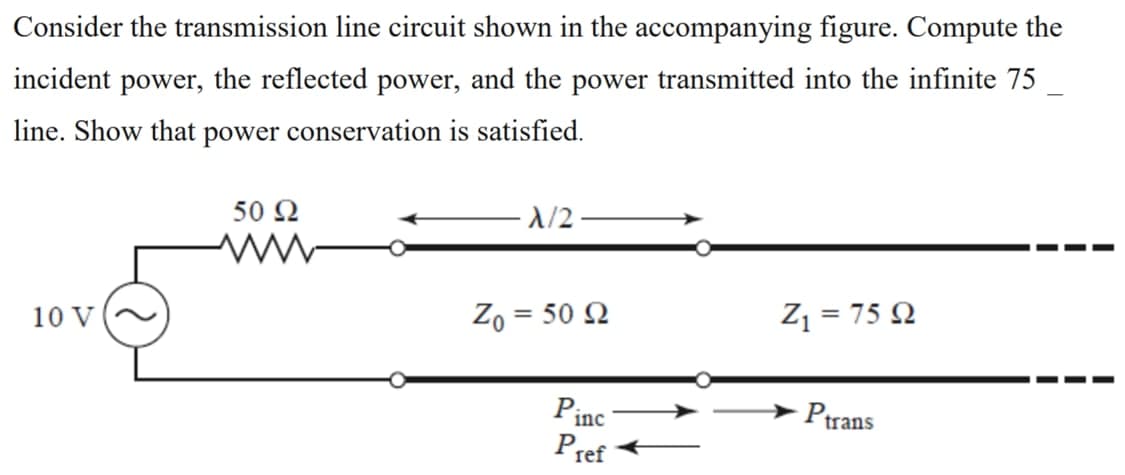 Consider the transmission line circuit shown in the accompanying figure. Compute the
incident power, the reflected power, and the power transmitted into the infinite 75
line. Show that power conservation is satisfied.
50 Ω
Zo = 50 N
Z1 = 75 N
10 V
Ptrans
Pinc
Pref
