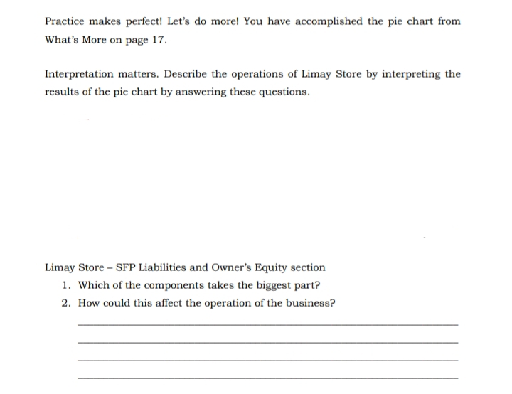 Practice makes perfect! Let's do more! You have accomplished the pie chart from
What's More on page 17.
Interpretation matters. Describe the operations of Limay Store by interpreting the
results of the pie chart by answering these questions.
Limay Store – SFP Liabilities and Owner's Equity section
1. Which of the components takes the biggest part?
2. How could this affect the operation of the business?
