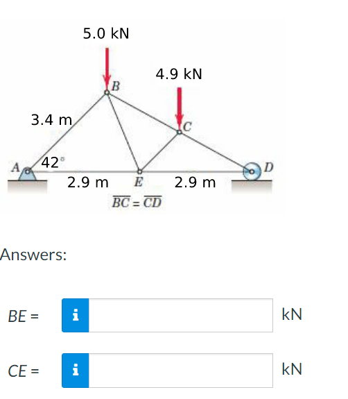 3.4 m
42°
Answers:
BE =
CE =
5.0 KN
2.9 m E
i
i
4.9 KN
BC=CD
2.9 m
kN
kN