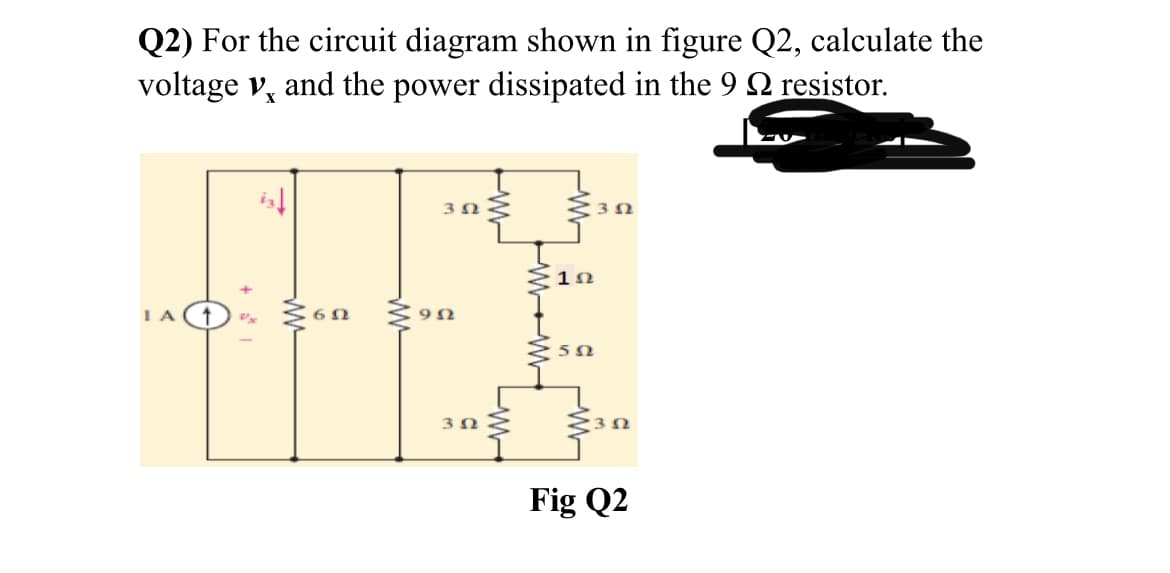 Q2) For the circuit diagram shown in figure Q2, calculate the
voltage v, and the power dissipated in the 9 2 resistor.
1n
1 A
Fig Q2
ww
+
