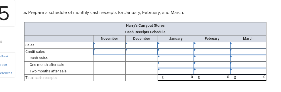 a. Prepare a schedule of monthly cash receipts for January, February, and March.
Harry's Carryout Stores
Cash Receipts Schedule
November
December
January
February
March
Sales
Credit sales
Book
Cash sales
Print
One month after sale
Two months after sale
erences
Total cash receipts
이 $
