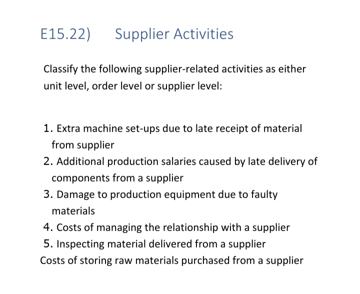 E15.22)
Supplier Activities
Classify the following supplier-related activities as either
unit level, order level or supplier level:
1. Extra machine set-ups due to late receipt of material
from supplier
2. Additional production salaries caused by late delivery of
components from a supplier
3. Damage to production equipment due to faulty
materials
4. Costs of managing the relationship with a supplier
5. Inspecting material delivered from a supplier
Costs of storing raw materials purchased from a supplier
